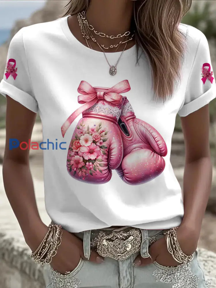 Femmes du cancer du sein imprimé mode Vintage lâche T-shirt à manches courtes Blanc / S