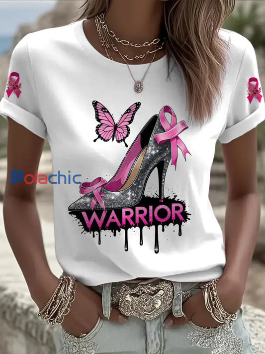 Femmes du cancer du sein imprimé mode Vintage lâche T-shirt à manches courtes Blanc / S