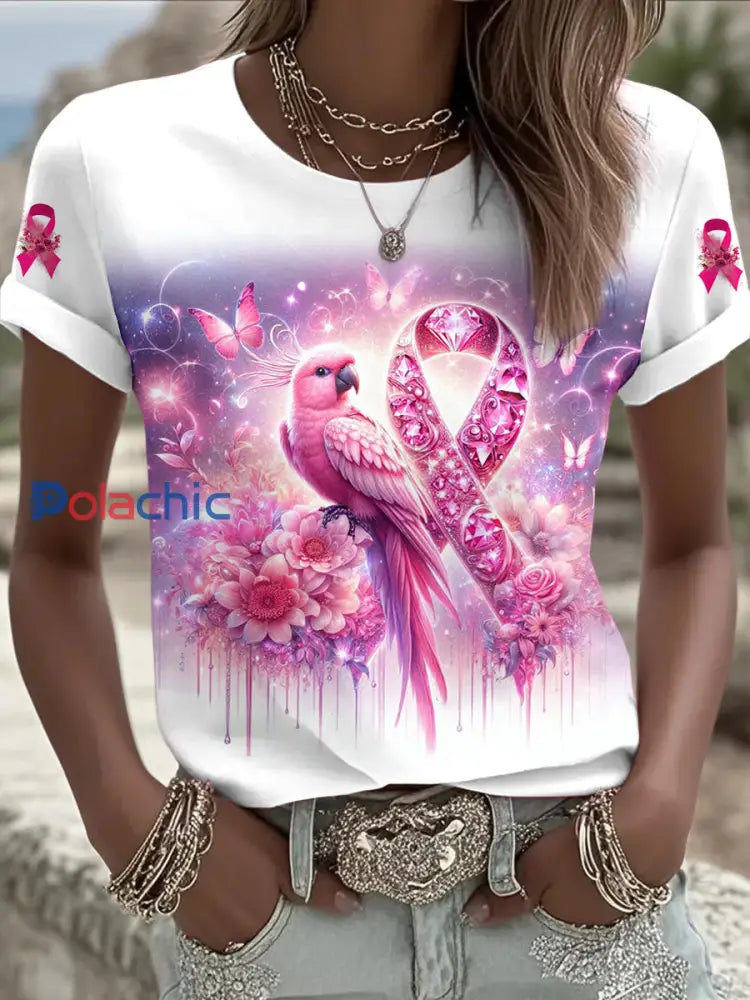 Femmes du cancer du sein imprimé mode Vintage lâche T shirt à manches courtes Blanc / S