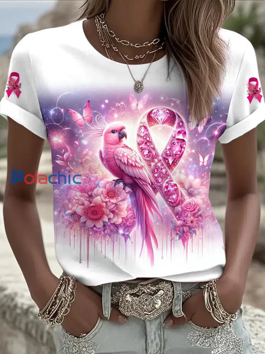 Femmes du cancer du sein imprimé mode Vintage lâche T shirt à manches courtes Blanc / S