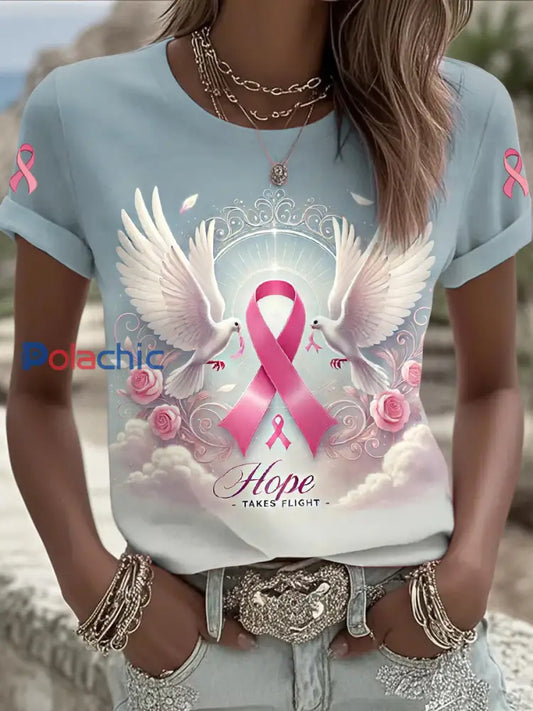 Femmes du cancer du sein imprimé mode Vintage lâche T-shirt à manches courtes Bleu / S