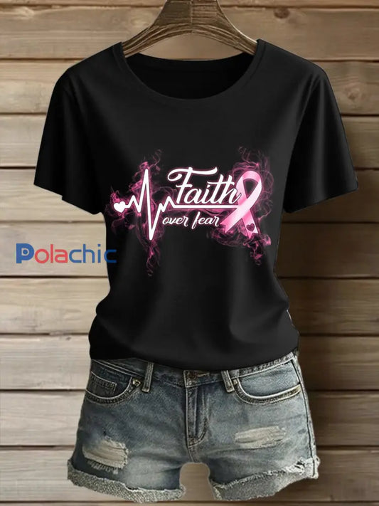 Femmes du cancer du sein imprimé mode Vintage lâche T-shirt à manches courtes Noir / S