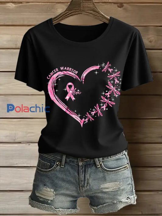 Femmes du cancer du sein imprimé mode Vintage lâche T-shirt à manches courtes Noir / S