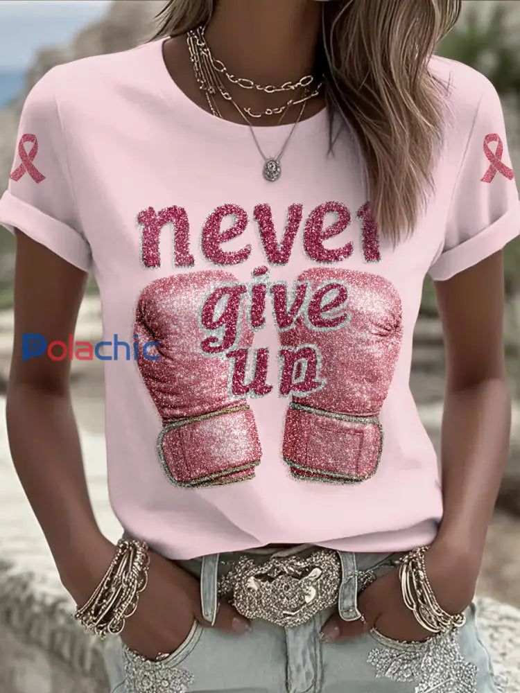 Femmes du cancer du sein imprimé mode Vintage lâche T shirt à manches courtes Rose Clair / S