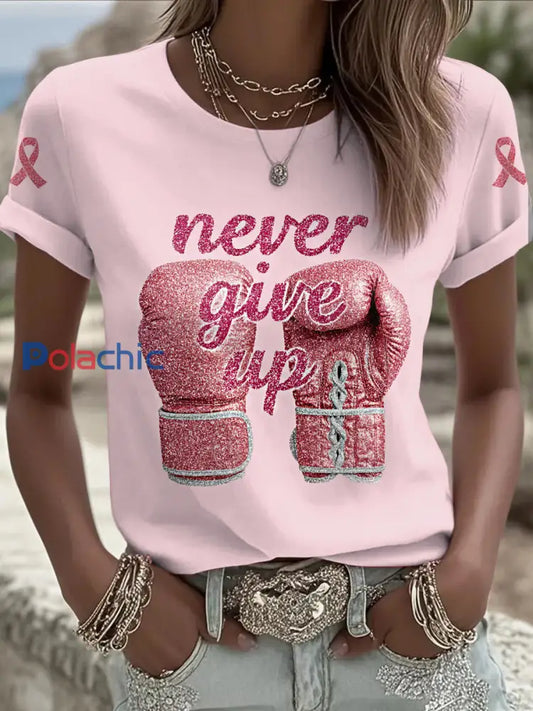 Femmes du cancer du sein imprimé mode Vintage lâche T shirt à manches courtes Rose Clair / S