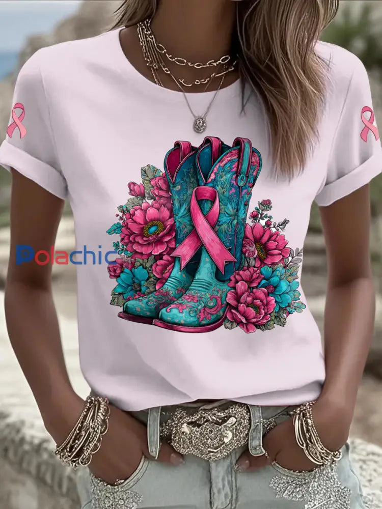 Femmes du cancer du sein imprimé mode Vintage lâche T-shirt à manches courtes Rose Clair / S