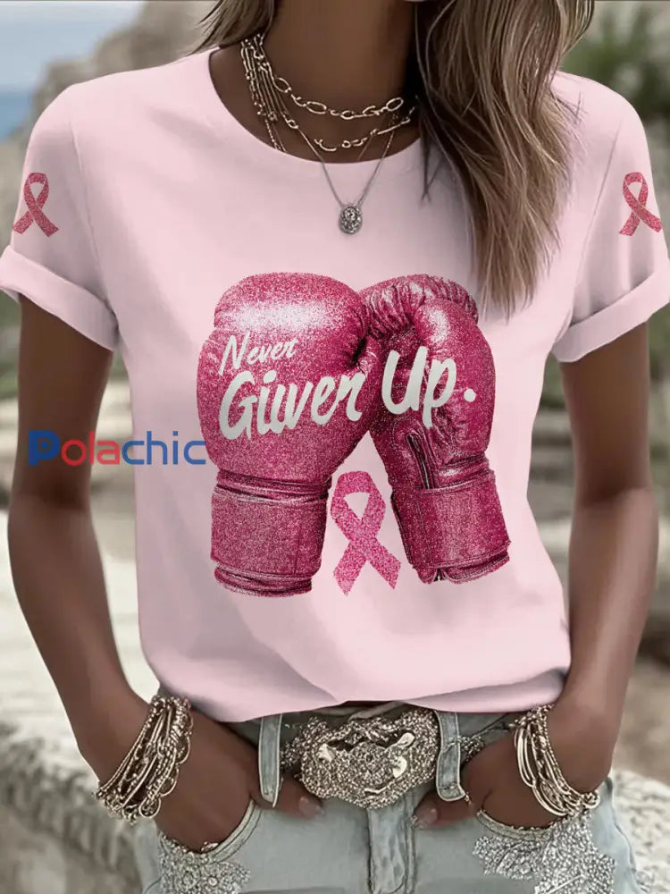 Femmes du cancer du sein imprimé mode Vintage lâche T shirt à manches courtes Rose Clair / S