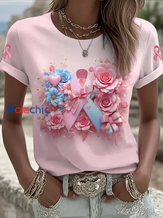 Femmes du cancer du sein imprimé mode Vintage lâche T-shirt à manches courtes Rose Clair / S
