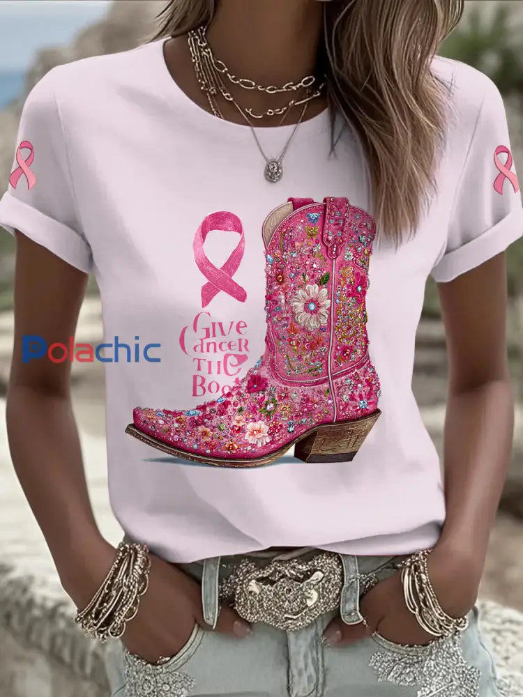 Femmes du cancer du sein imprimé mode Vintage lâche T shirt à manches courtes Rose Clair / S