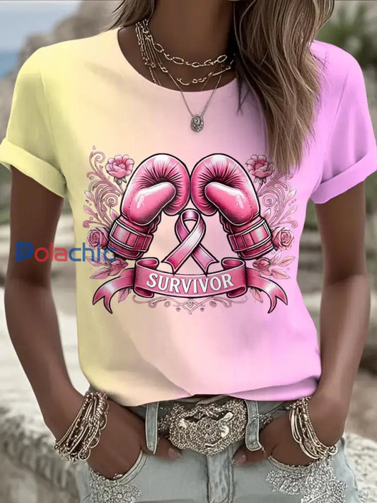 Femmes du cancer du sein imprimé mode Vintage lâche T-shirt à manches courtes Rose-Jaune / S