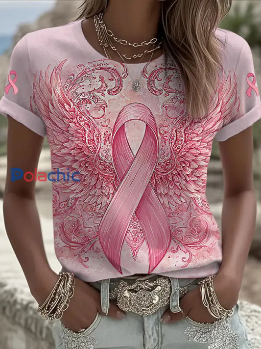 Femmes du cancer du sein imprimé mode Vintage lâche T shirt à manches courtes Rose / S