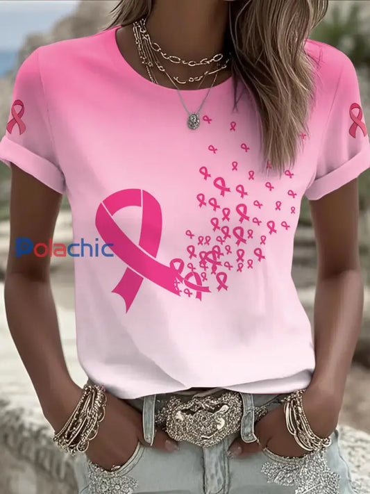 Femmes du cancer du sein imprimé mode Vintage lâche T shirt à manches courtes Rose / S