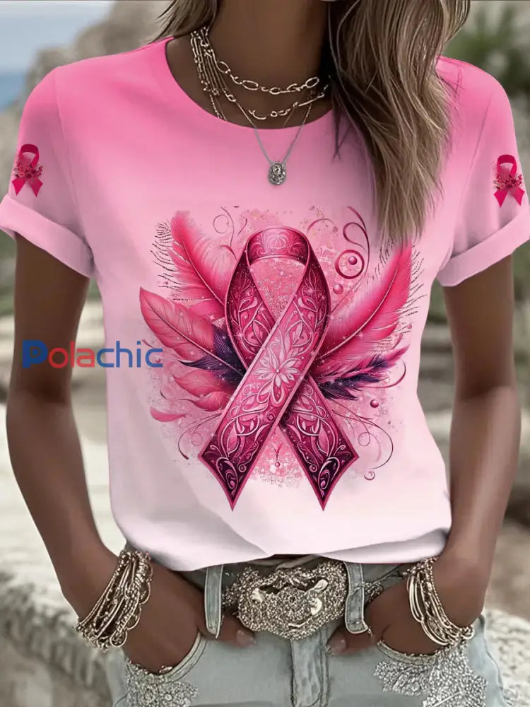 Femmes du cancer du sein imprimé mode Vintage lâche T shirt à manches courtes Rose / S