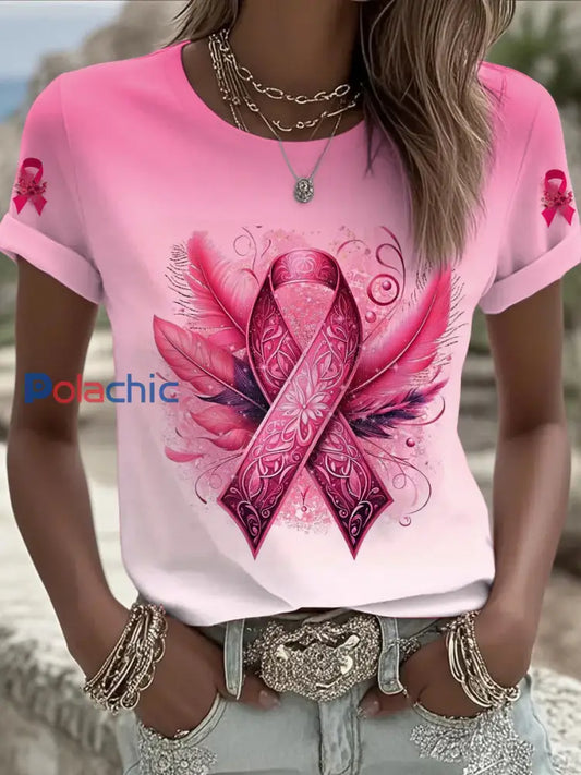 Femmes du cancer du sein imprimé mode Vintage lâche T shirt à manches courtes Rose / S