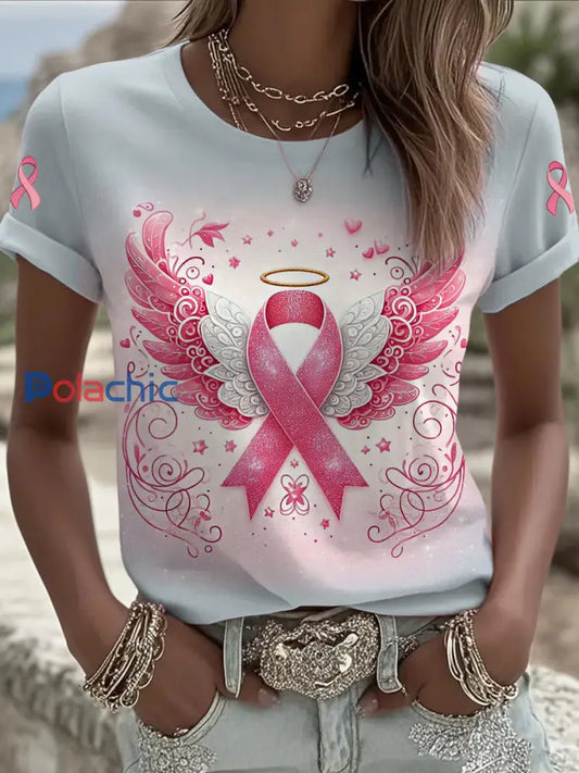 Femmes du cancer du sein imprimé mode Vintage lâche T shirt à manches courtes Rose / S
