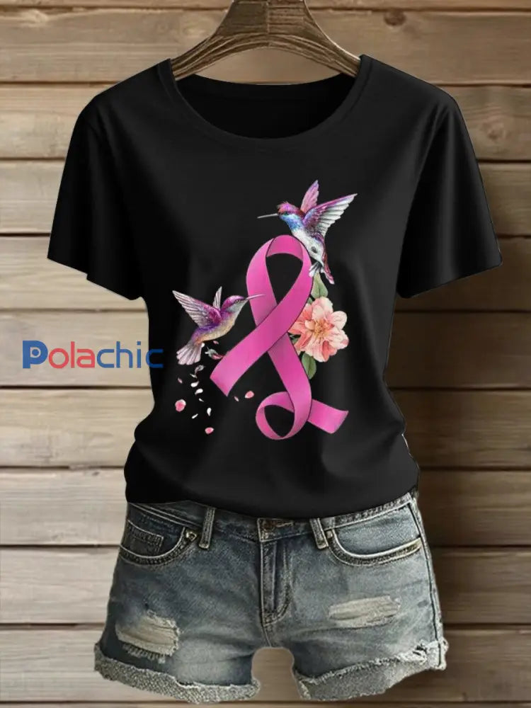 Femmes du cancer du sein imprimé Vintage Fashion lâche T-shirt à manches courtes Noir / S