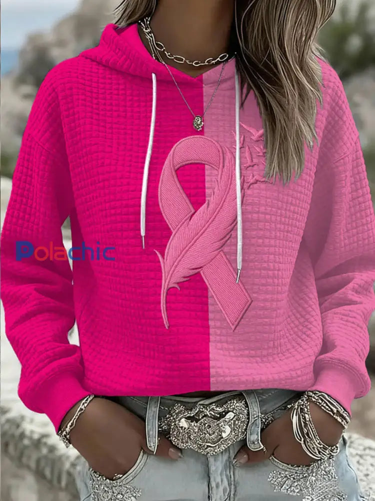 Femmes du cancer du sein occasionnels ruban contraste Plaid Hoodie comme image / S