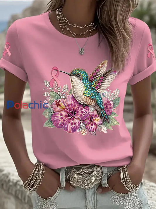 Femmes du cancer du sein paillettes colibri imprimé mode Vintage lâche à manches courtes T Shirt Rose / S