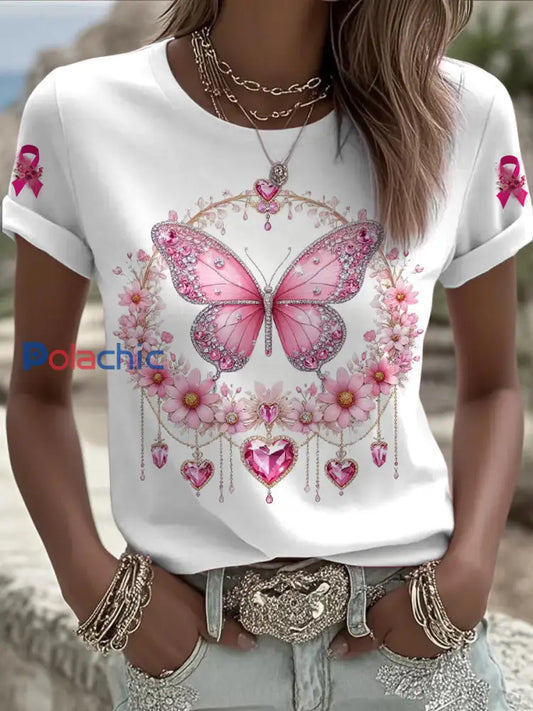 Femmes du cancer du sein papillon fleur imprimé mode Vintage lâche T-shirt à manches courtes Blanc / S