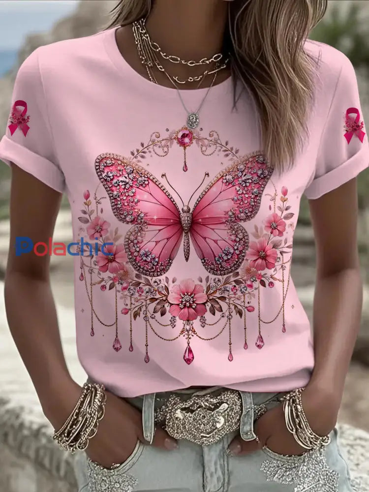 Femmes du cancer du sein papillon fleur imprimé mode Vintage lâche T-shirt à manches courtes Rose Clair / S