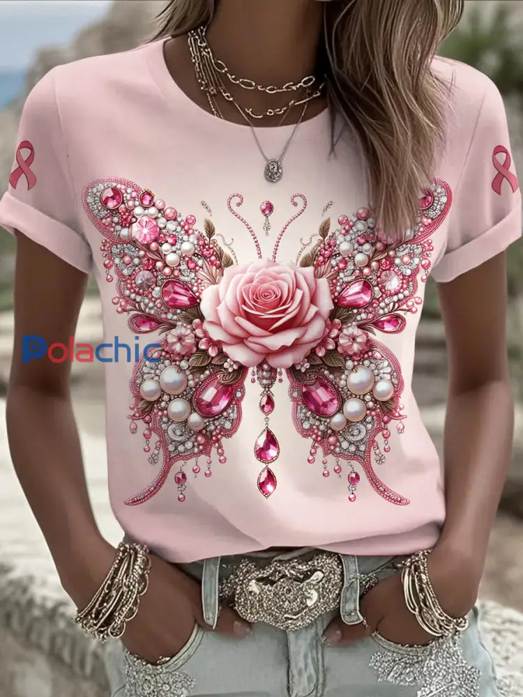 Femmes du cancer du sein papillon fleur imprimé mode Vintage lâche T-shirt à manches courtes Rose Clair / S