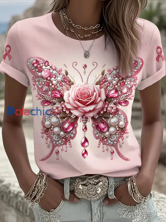 Femmes du cancer du sein papillon fleur imprimé mode Vintage lâche T-shirt à manches courtes Rose Clair / S