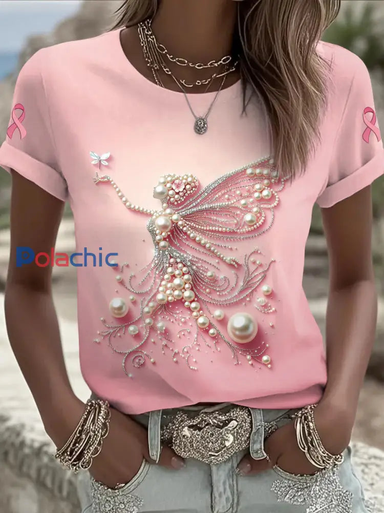 Femmes du cancer du sein perle imprimé mode Vintage lâche à manches courtes T-Shirt Rose / S