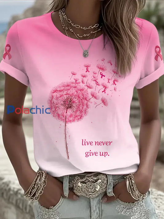 Femmes du cancer du sein pissenlit imprimé mode Vintage lâche T shirt à manches courtes Rose / S