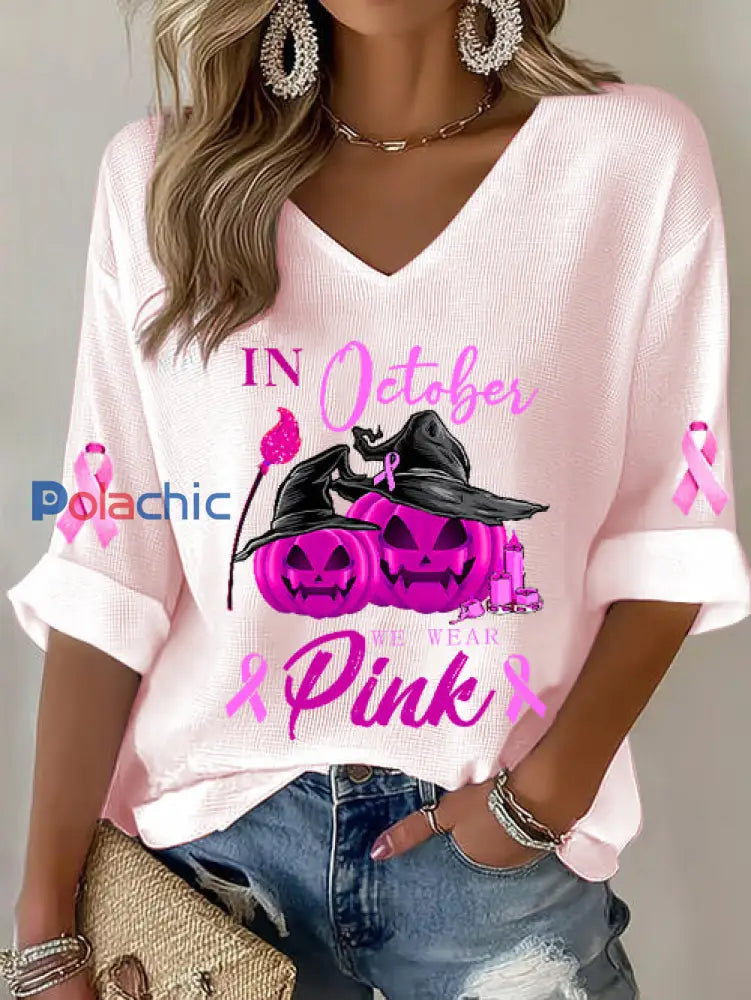 Femmes du cancer du sein rose ruban citrouille sorcière gaufre Imprimer T-shirt décontracté rose clair / S