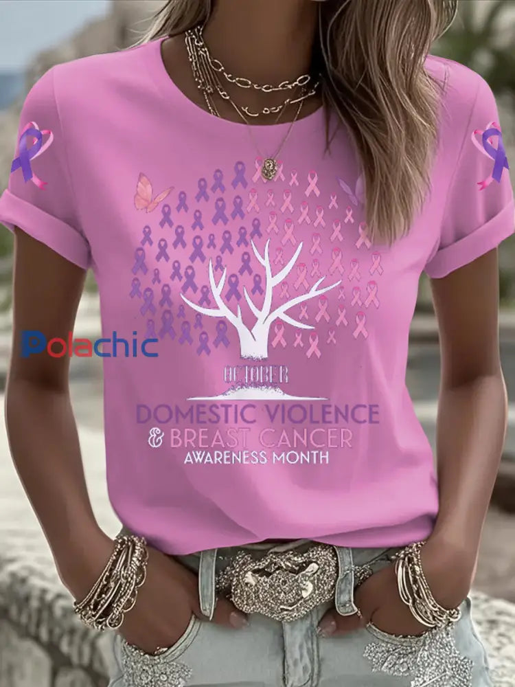 Femmes du cancer du sein sensibilisation à la violence domestique T shirt imprimé à manches courtes Rose / S