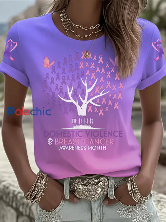 Femmes du cancer du sein sensibilisation à la violence domestique T shirt imprimé à manches courtes Rose Violet / S
