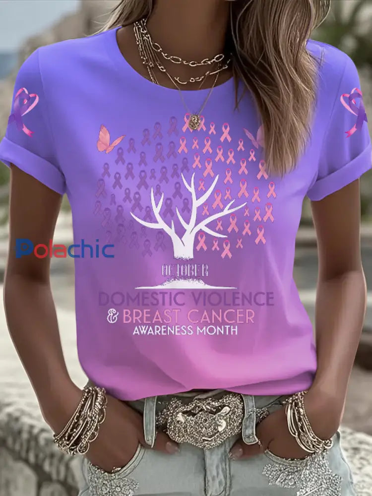 Femmes du cancer du sein sensibilisation à la violence domestique T shirt imprimé à manches courtes Rose Violet / S