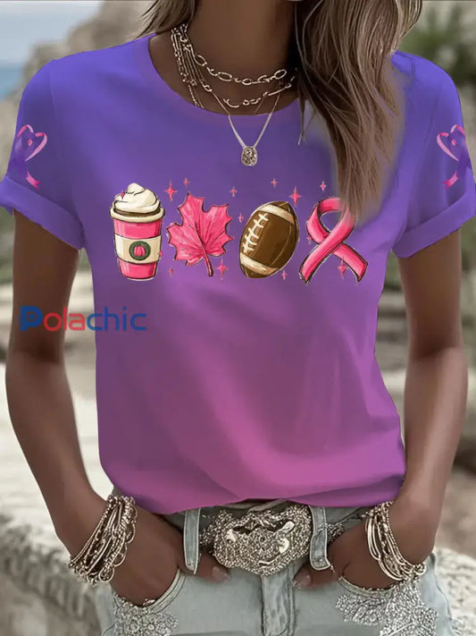 Femmes du cancer du sein sensibilisation à la violence domestique T shirt imprimé à manches courtes Rose Violet / S