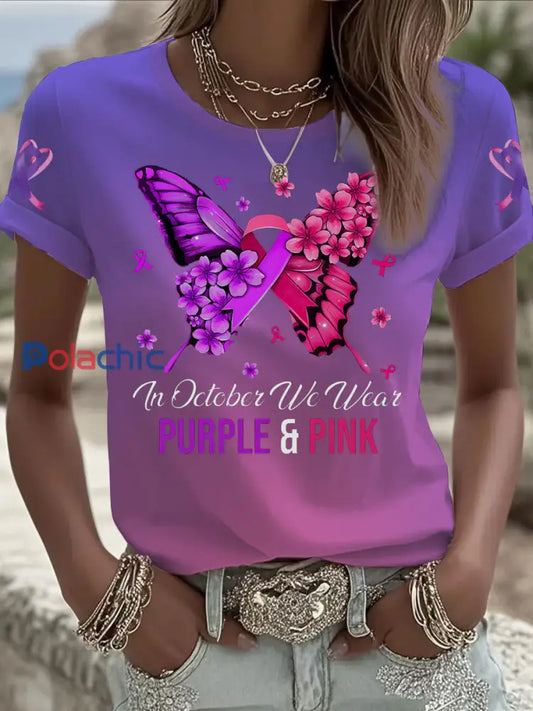 Femmes du cancer du sein sensibilisation à la violence domestique T shirt imprimé à manches courtes Rose Violet / S