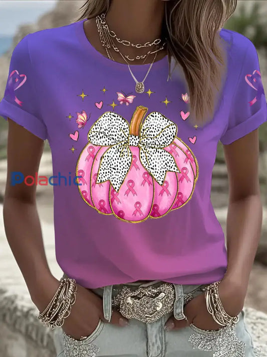 Femmes du cancer du sein sensibilisation à la violence domestique T shirt imprimé à manches courtes Rose Violet / S