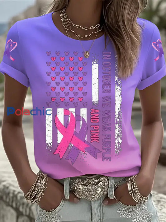 Femmes du cancer du sein sensibilisation à la violence domestique T shirt imprimé à manches courtes Rose Violet / S