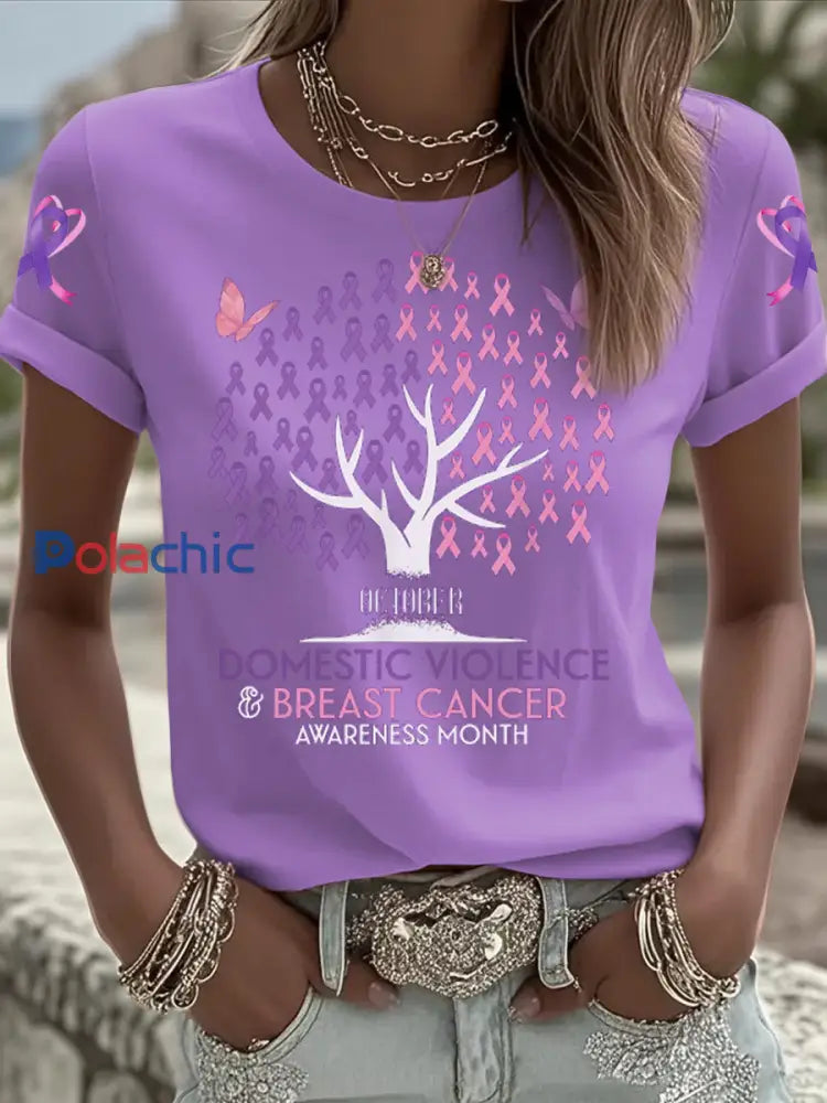 Femmes du cancer du sein sensibilisation à la violence domestique T shirt imprimé à manches courtes Violet / S