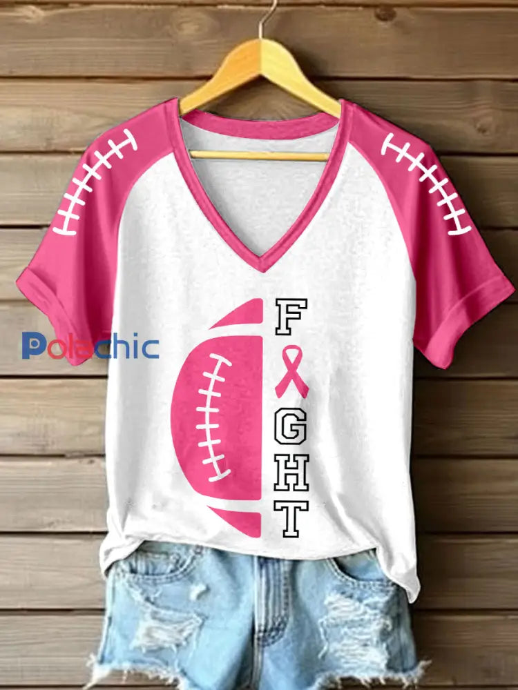Femmes du cancer du sein Sensibilisation Combat Imprimer V-Neck T-shirt Rose / S
