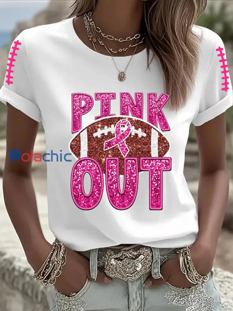 Femmes du cancer du sein sensibilisation rose ruban rose imprimé T-shirt décontracté Blanc / S