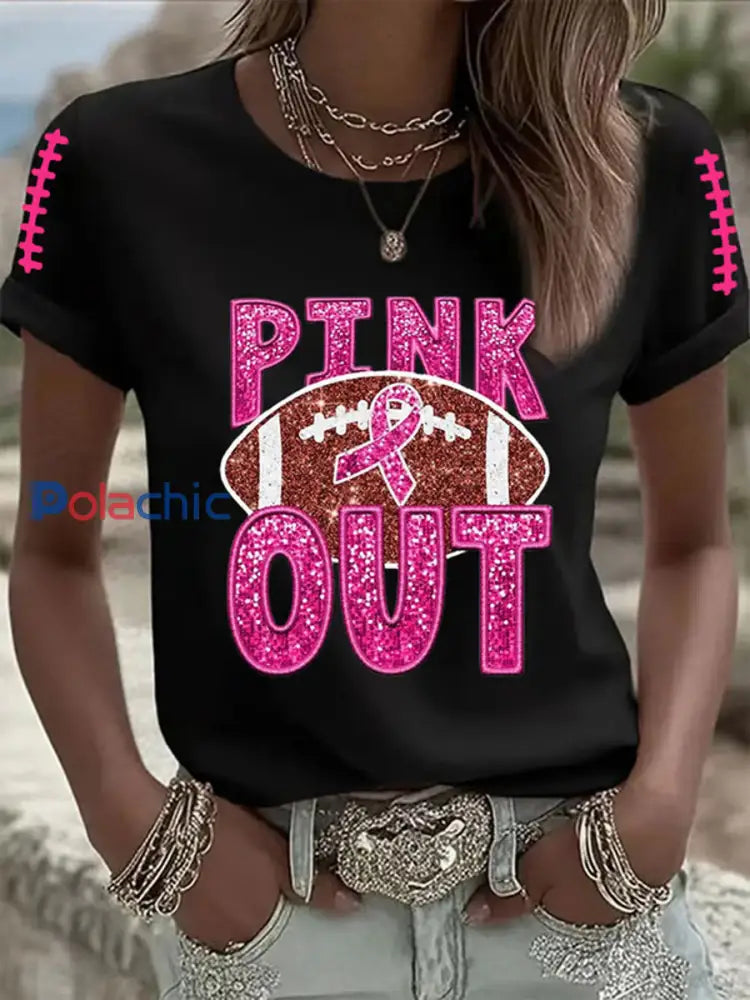 Femmes du cancer du sein sensibilisation rose ruban rose imprimé T-shirt décontracté Noir / S