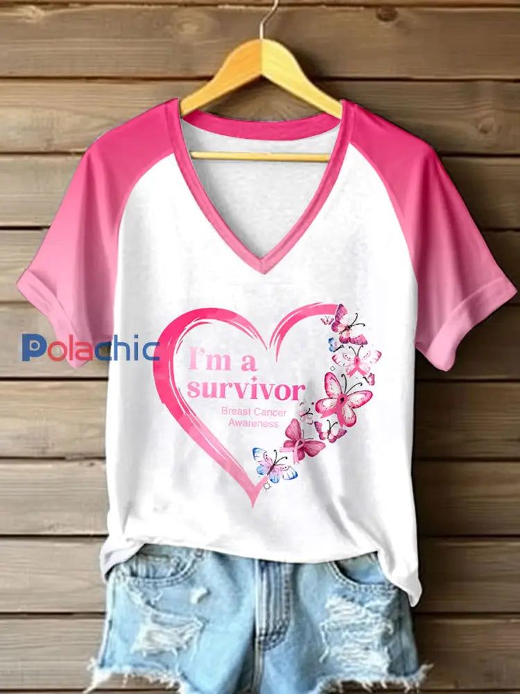 Femmes du cancer du sein Survivor Imprimer Contraste Couleur T-shirt Rose / S
