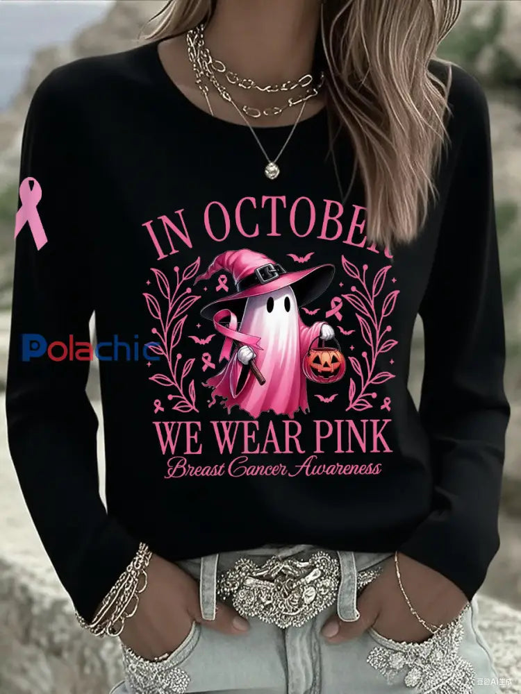 Femmes En Octobre Nous Portons Rose Halloween Rose Fantôme Sensibilisation Au Cancer Du Sein Soutien À Manches Longues