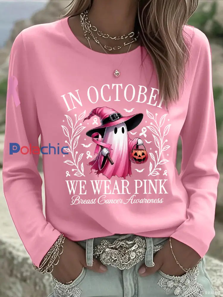 Femmes En Octobre Nous Portons Rose Halloween Rose Fantôme Sensibilisation Au Cancer Du Sein Soutien À Manches Longues