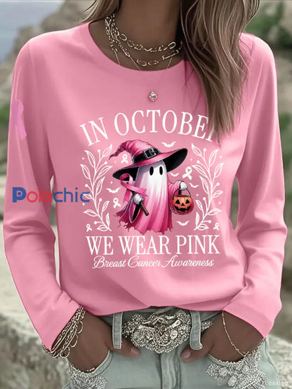 Femmes En Octobre Nous Portons Rose Halloween Rose Fantôme Sensibilisation Au Cancer Du Sein Soutien À Manches Longues