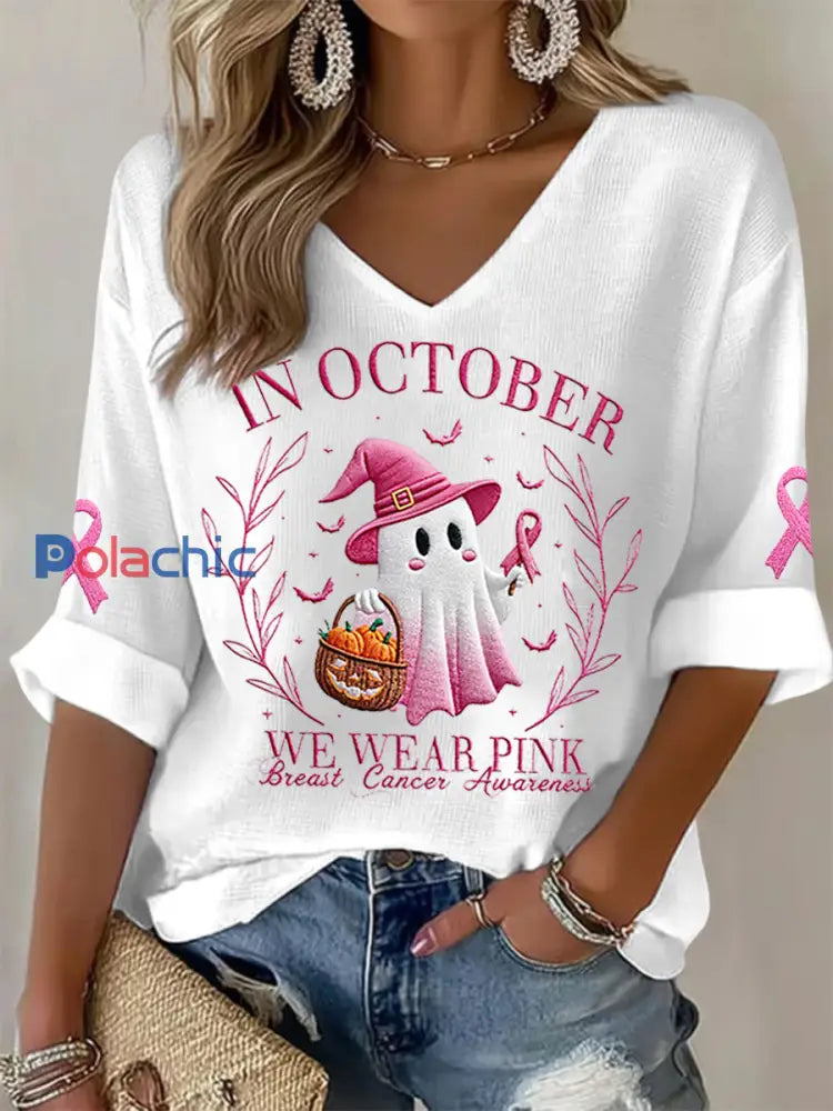Femmes En Octobre Nous Portons Rose Halloween Fantôme Rose Sensibilisation au Cancer Du Sein Soutien Haut À Manches