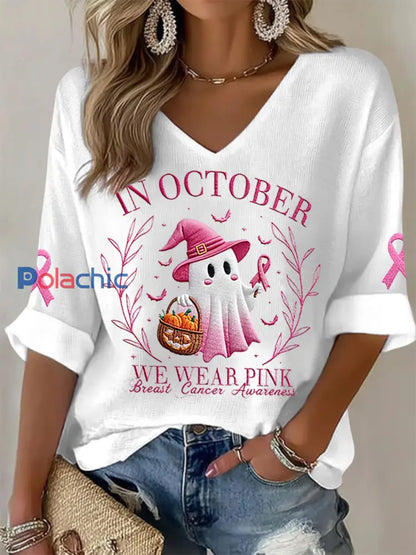 Femmes En Octobre Nous Portons Rose Halloween Fantôme Rose Sensibilisation au Cancer Du Sein Soutien Haut À Manches