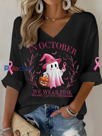 Femmes En Octobre Nous Portons Rose Halloween Fantôme Rose Sensibilisation au Cancer Du Sein Soutien Haut À Manches