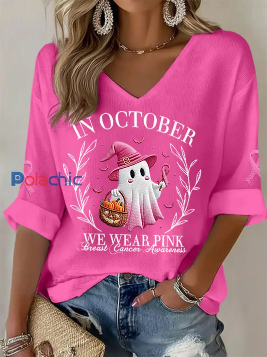 Femmes En Octobre Nous Portons Rose Halloween Fantôme Rose Sensibilisation au Cancer Du Sein Soutien Haut À Manches