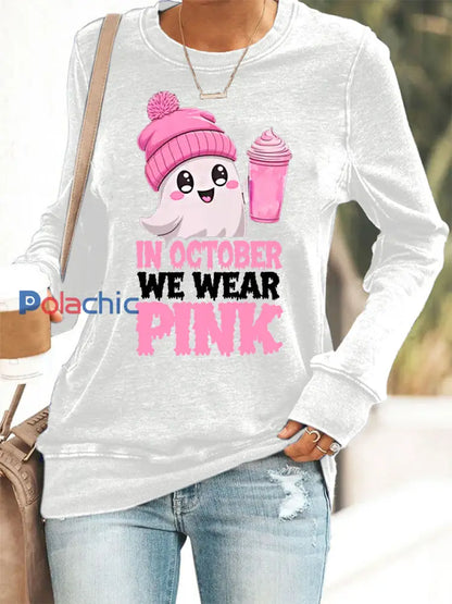 Femmes En Octobre Nous Portons Rose Halloween Rose Ghost Sensibilisation au Cancer du Sein Sweatshirt Blanc / S