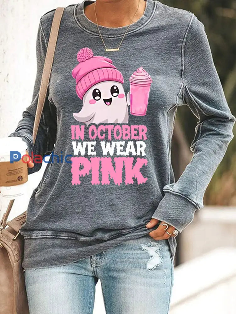 Femmes En Octobre Nous Portons Rose Halloween Rose Ghost Sensibilisation au Cancer du Sein Sweatshirt Gris / S